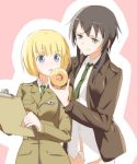  2girls black_eyes black_hair blonde_hair clipboard dominica_s_gentile doughnut holding jane_t_godfrey kisetsu military military_uniform multiple_girls necktie no_pants open_mouth panties payot rough short_hair strike_witches underwear uniform white_panties 