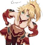  1girl bandeau bangs bare_shoulders black_legwear blonde_hair blush braid breasts collarbone commentary detached_collar detached_sleeves fate/apocrypha fate_(series) faulds french_braid green_eyes hair_ornament hair_scrunchie highres leaning_forward leaning_to_the_side long_hair looking_at_viewer mordred_(fate) mordred_(fate)_(all) navel parted_bangs pelvic_curtain ponytail scrunchie sidelocks simple_background small_breasts thigh-highs thighs tonee translated 