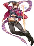  1boy abs bola_(weapon) brown_hair fingerless_gloves gloves green_eyes hat highres idachi jacket jojo_no_kimyou_na_bouken joseph_joestar_(young) midriff red_jacket scarf solo striped striped_scarf wink 