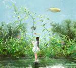  1girl black_hair bubble butterfly dress fish floral_print goldfish high_heels long_hair original plant underwater wallacexi 