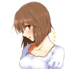  1girl brown_eyes brown_hair bust character_request collarbone profile short_hair side_glance simple_background smile solo white_background yamakan_(anking) 