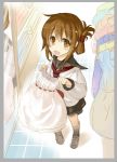  1girl brown_eyes brown_hair dress folded_ponytail inazuma_(kantai_collection) kantai_collection loafers long_hair mirror naruse_chisato neckerchief open_mouth personification reflection school_uniform serafuku shoes skirt smile solo white_dress 