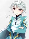  1boy cape coat crossed_arms hoshihuri light_smile male miclio_(tales) solo sweat tales_of_(series) tales_of_zestiria violet_eyes white_background white_hair 