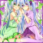  2girls blue_hair food food_as_clothes food_themed_clothes fruit grapes green_eyes hatsune_miku interlocked_fingers long_hair multiple_girls sitting thigh-highs twintails very_long_hair violet_eyes vocaloid yuruno 
