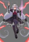  1girl absurdly_long_hair ahoge cravat dress flat_chest glowing hairpods huge_ahoge jitome long_hair mary_janes neon_trim pantyhose red_eyes red_seiryu robot_ears shoes silver_hair solo twintails under_night_in-birth vatista very_long_hair wide_sleeves 