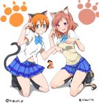  2girls absurdres animal_ears blush cat_ears cat_tail clearite fang hairband highres hoshizora_rin kneeling looking_at_viewer love_live!_school_idol_project multiple_girls navel nishikino_maki open_mouth orange_hair paw_pose redhead school_uniform short_hair skirt smile sweater_vest tail wavy_mouth yellow_eyes 