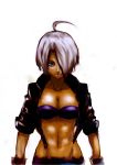  1girl abs ahoge angel_(kof) breasts cleavage cropped_jacket dark_skin hair_over_one_eye highres king_of_fighters lowleg navel short_hair silver_hair sleeves_rolled_up sly3 