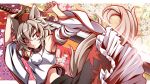  1girl animal_ears armpits bare_shoulders detached_sleeves grey_hair hands_raised hat inubashiri_momiji midriff red_eyes short_hair skirt solo squinting sword tail tokin_hat touhou uousa weapon wolf_ears wolf_tail 