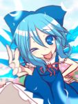  1girl ;p blue_eyes blue_hair bow cirno hair_bow ice ice_wings kuresento solo tongue tongue_out touhou wings wink 