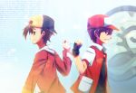  2boys atashi_(wordsofsongs) bangs black_hair clenched_hand commentary_request english fingerless_gloves gloves gold_(pokemon) hat jacket jumper multiple_boys packet pokemon pokemon_(game) pokemon_gsc pokemon_rgby red_(pokemon) red_eyes smile twitch_plays_pokemon yellow_eyes 