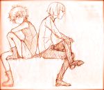  .flow 1boy 1girl back-to-back bakeneko510 bob_cut expressionless full_body kaibutsu looking_away monochrome red sabitsuki school_uniform short_hair sitting sketch sleeveless sleeveless_turtleneck turtleneck 