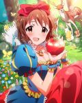  1girl animals apple bird blush brown_eyes brown_hair butterfly cosplay costume deer dress flower hagiwara_yukiho hair_bow idolmaster idolmaster_million_live! jewelry necklace official_art open_mouth rabbit ribbon short_hair smile snow_white snow_white_(cosplay) solo squirrel 
