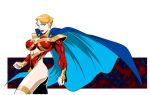  1girl blonde_hair blue_eyes breasts cape character_request cleavage_cutout clenched_hands impossible_clothes large_breasts leotard lips lipstick makeup muscle sabachiyo_land short_hair skin_tight solo superhero 