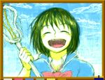  1girl alternate_hair_color closed_eyes clouds cross_manage green_hair happy himada_(nyanko) lacrosse_stick open_mouth short_hair smile solo teeth toyoguchi_misora 