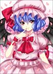  1girl ascot bat_wings blue_hair brooch bust checkered checkered_floor cross expressionless fang_out finger_to_mouth fingernails gradient gradient_background hat hat_ribbon jewelry mob_cap nail_polish nekomyau petals puffy_short_sleeves puffy_sleeves red_eyes remilia_scarlet ribbon short_hair short_sleeves skirt skirt_set solo touhou wings wrist_cuffs 