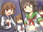  4girls backpack bag bandages black_hair brown_eyes brown_hair commentary_request crossover empty_eyes fang folded_ponytail gaoo_(frpjx283) green_eyes hair_ornament hairclip highres houjuu_nue ikazuchi_(kantai_collection) inazuma_(kantai_collection) kantai_collection long_hair multiple_girls murasa_minamitsu navel neckerchief open_mouth personification red_eyes school_uniform serafuku short_hair skirt tears torn_clothes touhou 