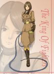  belt boots brown_eyes brown_hair buttons choker copyright_name gloves highres jacket king_of_fighters knee_boots military military_uniform naname_neko short_hair uniform whip whip_(kof) zoom_layer 