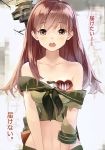  1girl bare_shoulders brown_eyes brown_hair collarbone heart kantai_collection long_hair looking_at_viewer midriff navel ooi_(kantai_collection) open_mouth personification sheska_xue solo 