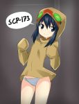  1girl bad_id blue_eyes blue_hair blush character_name hoodie no_pants oversized_clothes panties personification scp-173 scp_foundation smile solo striped striped_panties underwear wohy12 
