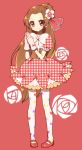  1girl ako_(pixiv1850596) brown_eyes brown_hair dokidoki!_precure dress eyelashes gloves hair_ornament half_updo happy long_hair looking_at_viewer madoka_aguri pantyhose ponytail precure puffy_sleeves red red_background red_dress red_shoes ribbon shoes smile solo 