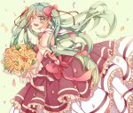  1girl bouquet confetti dress flower green_eyes green_hair hatsune_miku kumamomoko long_hair open_mouth solo twintails very_long_hair vocaloid 