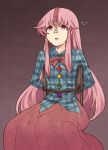 1girl arms_behind_back belt bow bubble_skirt chair hata_no_kokoro long_hair long_skirt long_sleeves looking_up nose open_mouth pink_eyes pink_hair plaid plaid_shirt shirt simple_background sitting skirt solo star tears touhou triangle urin