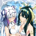  2girls @ichigo absurdres armlet bare_shoulders black_hair blue_eyes blush breast_press breasts cleavage grin haku_(p&amp;d) heart_cutout highres holding_hands interlocked_fingers isis_(p&amp;d) long_hair looking_at_viewer multiple_girls puzzle_&amp;_dragons smile water white_hair yellow_eyes 