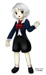  1boy black_shoes flandre495 frilled_sleeves george_washington oota_jun&#039;ya_(style) pants parody real_life red_eyes short_hair signature silver_hair smile solo style_parody touhou what 