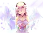  1girl angel_wings blush bouquet breasts cleavage closed_eyes flower headphones large_breasts long_hair looking_at_viewer nitroplus open_mouth pink_hair razuchi smile solo super_sonico wings 