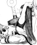  1girl anchor armpits crop_top fingerless_gloves flat_chest gloves guilty_gear hat hat_removed headwear_removed huge_weapon indian_style may_(guilty_gear) midriff monochrome npa_(sirokurokuma) open_mouth sitting skull solo stretch tears weapon yawning 