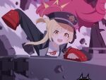  2girls :d absurdres aimpoleume black_headwear black_ribbon blonde_hair blue_archive bow collared_shirt grey_jacket ground_vehicle hair_ribbon halo hat hat_bow highres ibuki_(blue_archive) iroha_(blue_archive) jacket long_hair looking_at_viewer military military_jacket military_vehicle motor_vehicle multiple_girls neck_ribbon out_of_frame peaked_cap pink_bow redhead ribbon shirt sleeves_past_fingers sleeves_past_wrists smile solo solo_focus tank tiger_i upper_body waving wavy_hair white_shirt yellow_eyes 