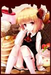  1girl ascot black_dress blonde_hair cake chocolate cocozasa commentary_request dress food frame hair_ribbon long_sleeves pancake red_eyes ribbon rumia sitting smile solo touhou 