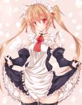  1girl alternate_costume apron bare_shoulders brown_eyes brown_hair choker cosplay detached_sleeves enmaided frills highres kantai_collection long_hair maid maid_headdress murasame_(kantai_collection) myuseru_foaran myuseru_foaran_(cosplay) narumiya_(empty_cafe) outbreak_company skirt skirt_hold smile solo thighhighs twintails 