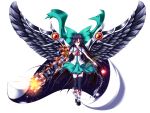  1girl arm_cannon black_hair black_wings boots bow cape chain hair_bow hair_ornament hairclip long_hair looking_at_viewer radiation_symbol red_eyes reiuji_utsuho shackles solo tkfm touhou weapon wings 