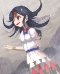  1girl black_hair bow commentary_request crying directional_arrow dress highres horns kijin_seija multicolored_hair open_mouth rain red_eyes redhead shope short_hair short_sleeves solo streaked_hair streaming_tears tears touhou white_hair 