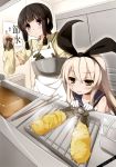  2girls apron batter black_hair blonde_hair blush bowl chopsticks cooking elbow_gloves food gloves hairband highres kantai_collection kitakami_(kantai_collection) long_hair mixing_bowl multiple_girls oil payot personification rack shimakaze_(kantai_collection) sweat tempura torpedo violet_eyes wavy_mouth white_gloves yellow_eyes yume_no_owari 