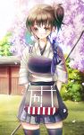  1girl archery black_legwear blush bow_(weapon) breasts brown_eyes brown_hair buidling cherry_blossoms east_asian_architecture japanese_clothes kaga_(kantai_collection) kantai_collection kyuudou muneate open_mouth personification petals short_hair side_ponytail skirt solo thighhighs tree weapon 