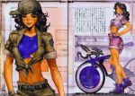  anja_anion belt bicycle bike_shorts black_hair breasts fingerless_gloves galgrease galhound gloves hat highres lips long_hair looking_at_viewer navel parted_lips shirou_masamune smile solo w_tails_cat 