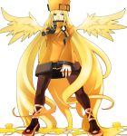  1girl absurdly_long_hair arm_behind_back blonde_hair blue_eyes eiji_(eiji) fingerless_gloves full_body fur_hat gloves guilty_gear guilty_gear_xrd hair_wings hat jacket long_hair millia_rage pantyhose pleated_skirt prehensile_hair skirt solo standing ushanka very_long_hair wings 