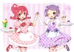  2girls aida_mana ako_(pixiv1850596) apron arm_warmers choker detached_sleeves dokidoki!_precure dress eyelashes fingerless_gloves food gloves hair_flip hair_ornament hair_ribbon hairclip half_updo happy headdress kenzaki_makoto looking_at_viewer maid maid_apron maid_headdress multiple_girls open_mouth pantyhose pink_dress pink_eyes pink_hair precure puffy_sleeves purple_dress purple_hair ribbon shoes short_hair smile standing tagme tart violet_eyes waitress white_gloves wrist_cuffs 