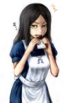 /\/\/\ 1girl alice:_madness_returns alice_(wonderland) black_hair ceramic_man chocolate dress eating green_eyes highres jewelry long_hair looking_at_viewer necklace open_mouth simple_background solo sweatdrop translation_request white_background 
