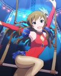  1girl :d \o/ armpits arms_up artist_request blue_eyes brown_hair cleavage_cutout detached_sleeves idolmaster idolmaster_million_live! kousaka_umi leotard long_hair open_mouth outstretched_arms pantyhose sheer_legwear smile tagme 