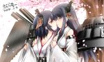  2girls ^_^ bare_shoulders black_hair cannon cherry_blossoms closed_eyes french_kiss fusou_(kantai_collection) hair_ornament incest interlocked_fingers kantai_collection kimura_chiruno kiss long_hair multiple_girls personification short_hair tree wide_sleeves yamashiro_(kantai_collection) 