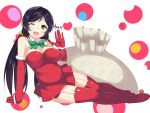  1girl arm_support bare_shoulders black_hair blush boots bow breasts christmas cleavage detached_sleeves dress english garter_straps gloves green_eyes large_breasts long_hair love_live!_school_idol_project ponkotsu_(ayarosu) sack santa_costume scrunchie smile solo thigh_boots thighhighs toujou_nozomi twintails very_long_hair waving wink 