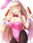  1girl animal_ears blonde_hair blush breasts bunny_tail bunnysuit cleavage closed_eyes detached_collar highres honeycomb komitsu large_breasts leotard long_hair pantyhose rabbit_ears sausage solo tail wrist_cuffs 
