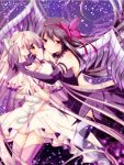  2girls akemi_homura akuma_homura argyle argyle_legwear bare_shoulders black_dress black_hair dress eye_contact feathers goddess_madoka hair_ribbon kaname_madoka long_hair looking_at_another mahou_shoujo_madoka_magica mahou_shoujo_madoka_magica_movie multiple_girls nanoha-h pink_eyes pink_hair pink_legwear ribbon smile spoilers thighhighs two_side_up very_long_hair white_dress wings yellow_eyes 