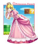 1girl artist_request blonde_hair blue_eyes crown dress earrings gloves hand_on_own_cheek highres jewelry long_dress long_hair looking_at_viewer pink_dress princess princess_peach puffy_sleeves short_sleeves smile solo super_mario_bros. text white_gloves
