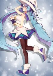  1girl blue_eyes blue_hair hat hatsune_miku long_hair looking_back magical_girl pantyhose skirt solo twintails usashi very_long_hair vocaloid witch_hat yuki_miku 