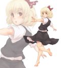  1girl barefoot blonde_hair hair_ribbon highres kuro_suto_sukii looking_at_viewer looking_back open_mouth outstretched_arms red_eyes ribbon rumia shirt short_sleeves skirt skirt_set solo touhou vest zoom_layer 