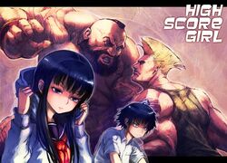  1boy 1girl black_hair boyaking guile high_score_girl hoodie letterboxed oono_akira school_uniform street_fighter violet_eyes yaguchi_haruo zangief 